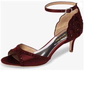 XYD Wine Open Toe Rhinestones Ankle Strap Sandals Low Heel Bridal Evening Shoes